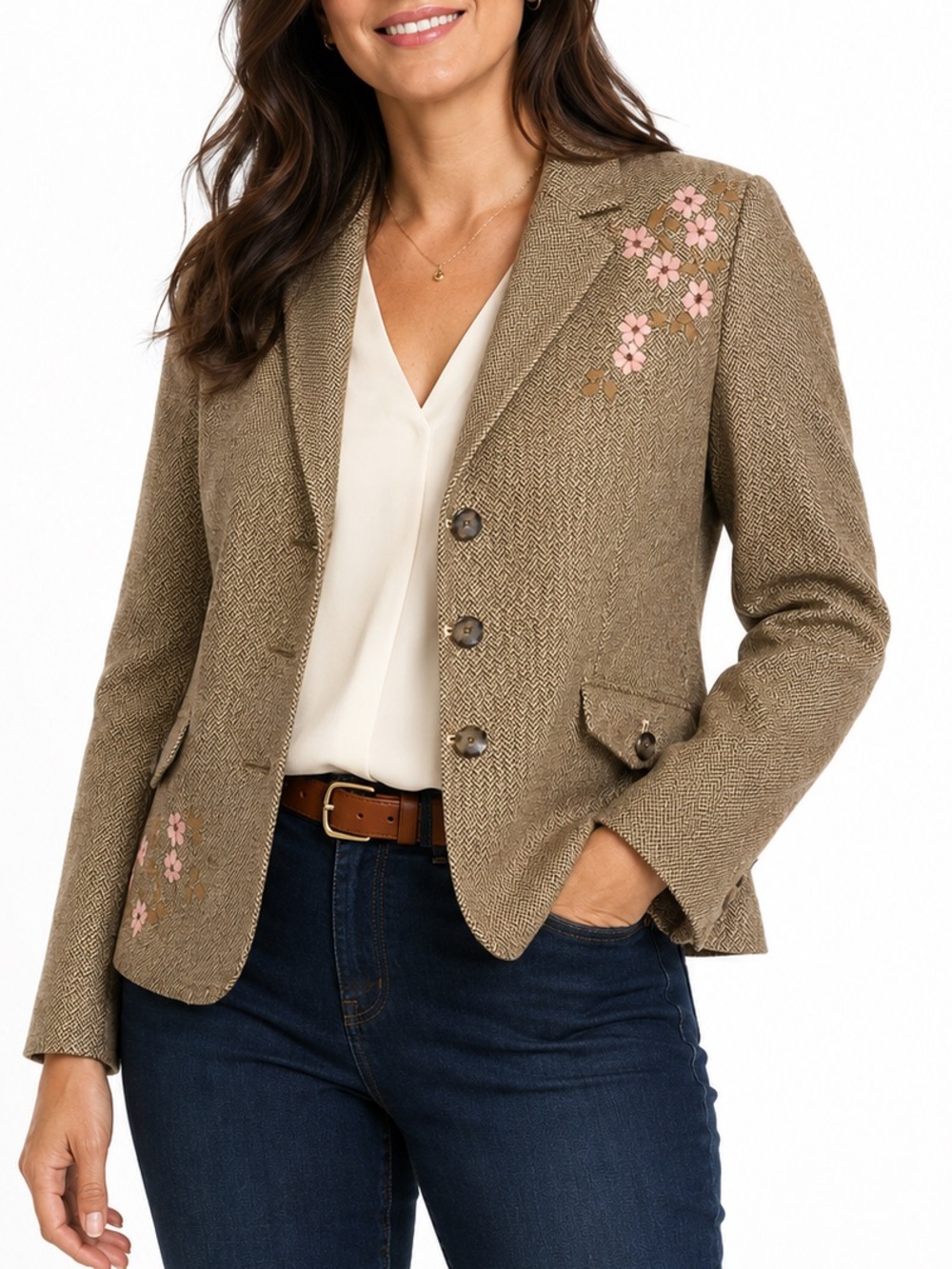 American Eagle Outfitters Y2K vintage Tan Herringbone Blazer Embroidered jacket